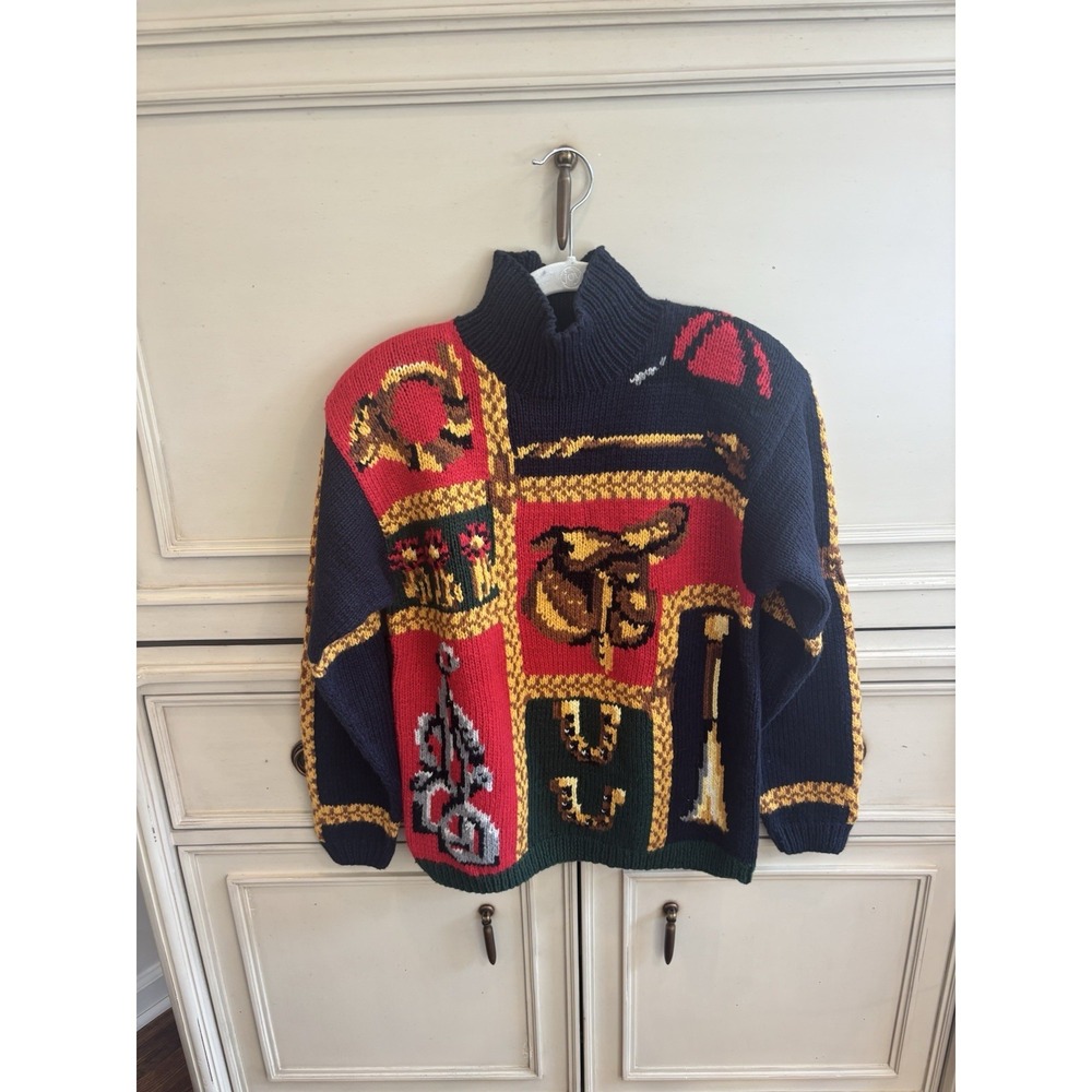Talbots Vintage NWT Horse Theme Knit Mock Neck Sweater Small Colorblock